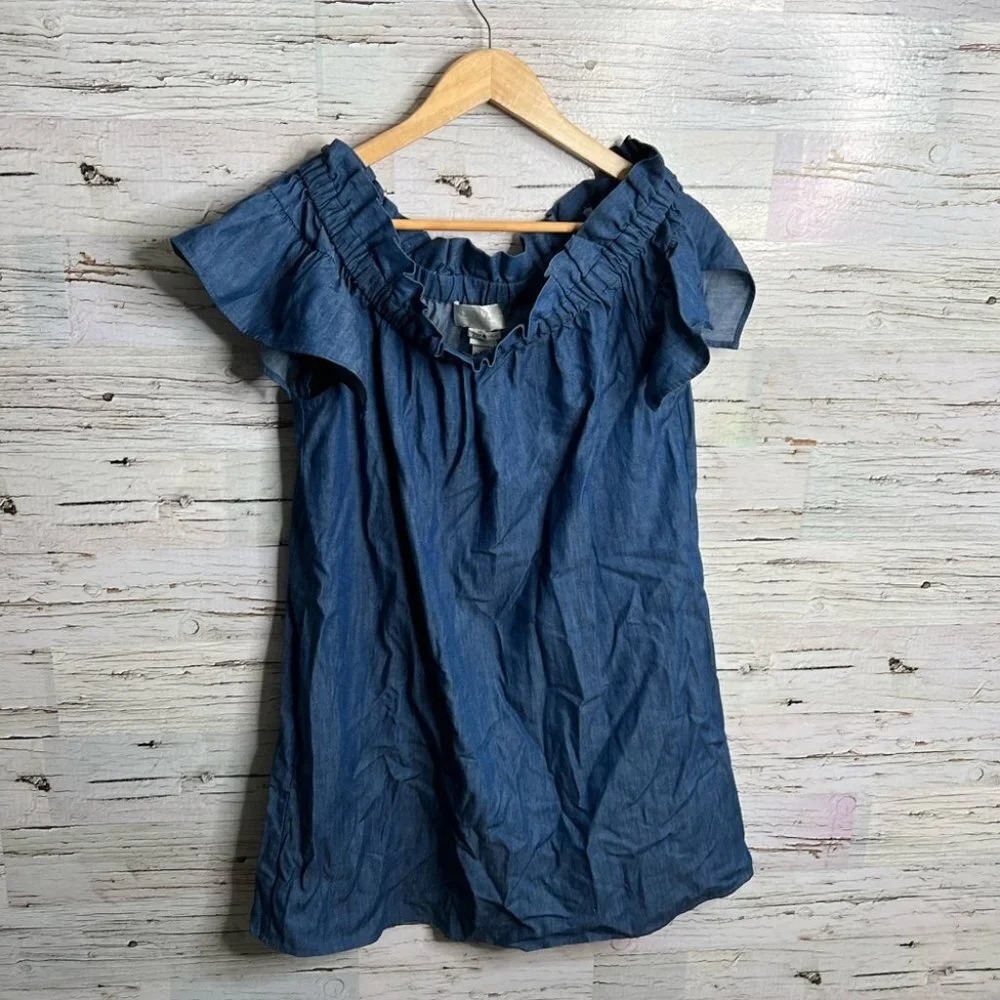 Corey Lynn calter Anthropologie denim  jean dress off the shoulder size small